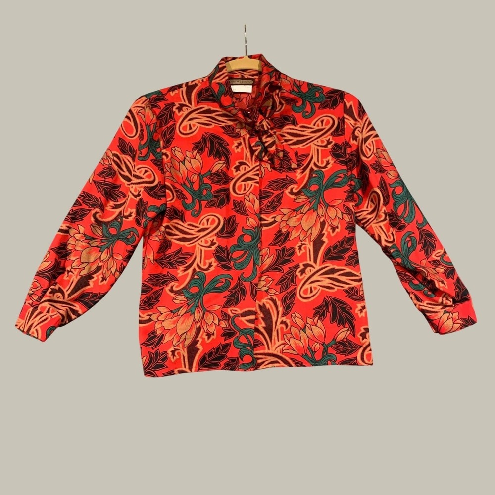 Smith & Jones Blouse Womens 10 Red Floral Paisley Tie Neck Vintage 80s Retro